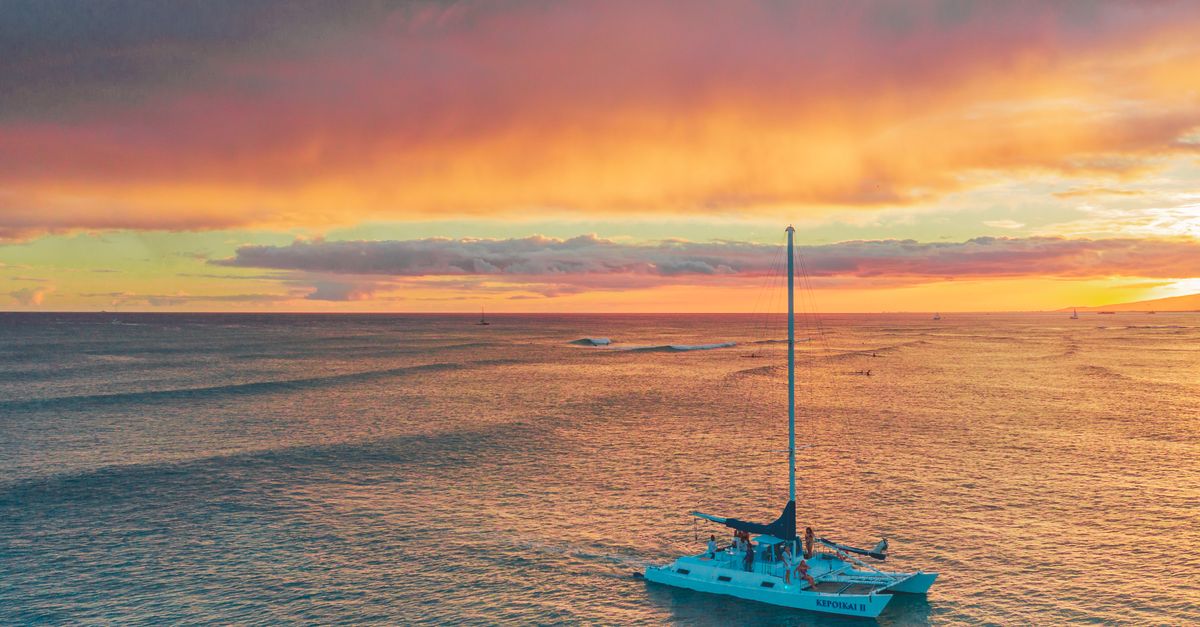 Captain steering a sleek catamaran under clear blue skies